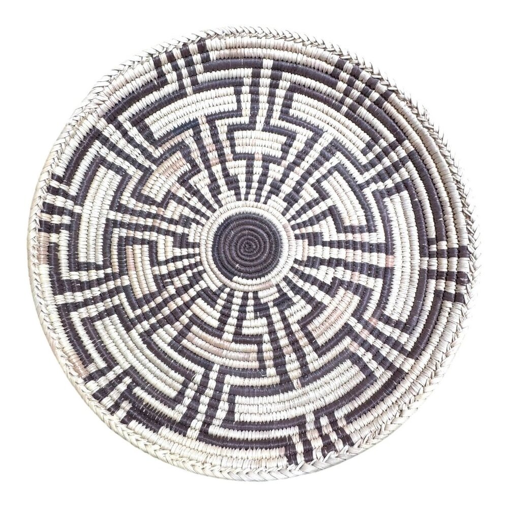 Vintage Handwoven Natural Coil Basket Crosses Maze Tribal Catch All Signed 12"